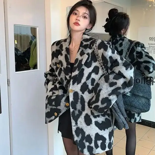 Шерстяной пиджак с леопардовым принтом осень-зима 2024 новый женский элитный