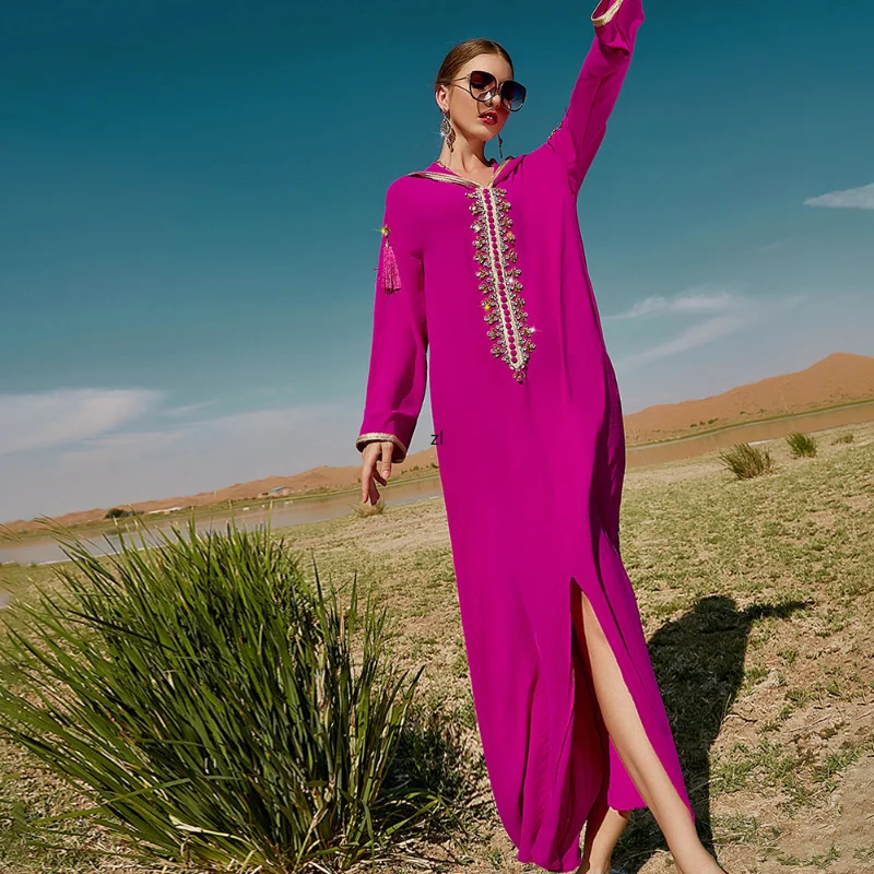 Moroccan For Women Diamonds Hoodie Long Sleeve Maxi Dress Fashion Split Hem Banquet Party Dresses Turkish Abaya Ramadan
