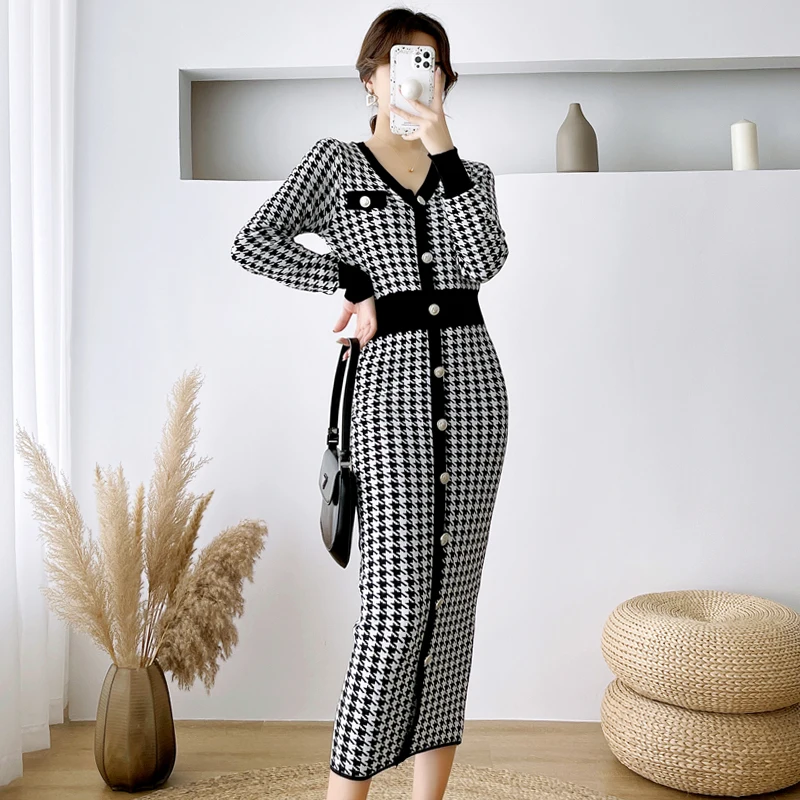 

Вязаное платье в клетку для женщин, французское ретро-платье в стиле тысячи птиц на осень и зиму, длинная юбка в новом стиле с небольшой очаровательной талией