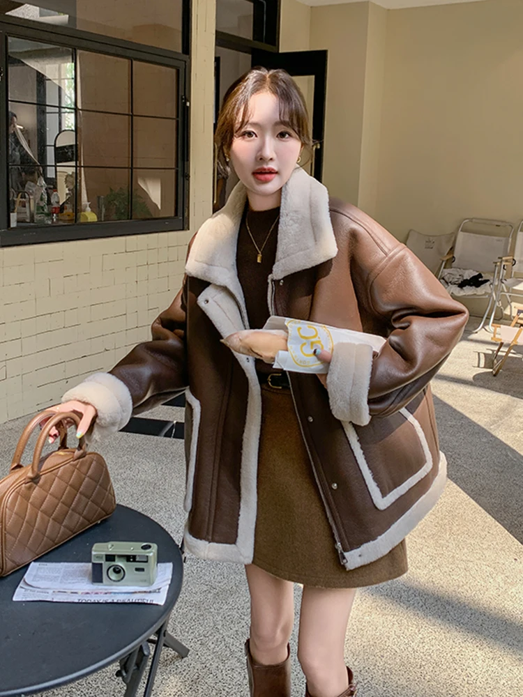 Зима 2024 утолщенная флисовая куртка из меха ягненка женская мотоциклетная