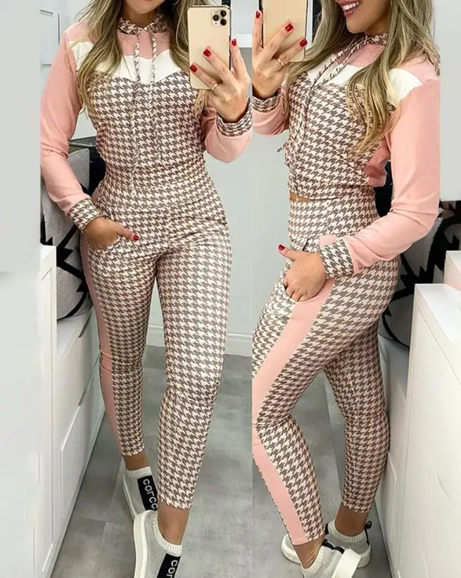 

Two Piece Set Women Outfit 2023 Autumn Fashion Long Sleeve Houndstooth Print Colorblock Top & Pocket Design Casual Pants Set