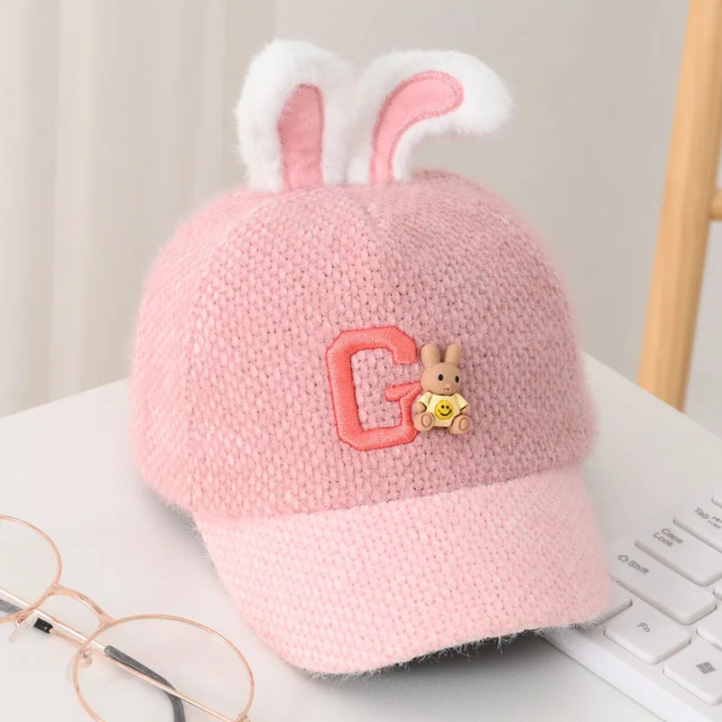 

Rabbit Ear Baby Cute Autumn Winter Baseball Cap Cotton Embroidery Adjustable Toddler Warm Casual Short Eaves Trucker Hat Kids