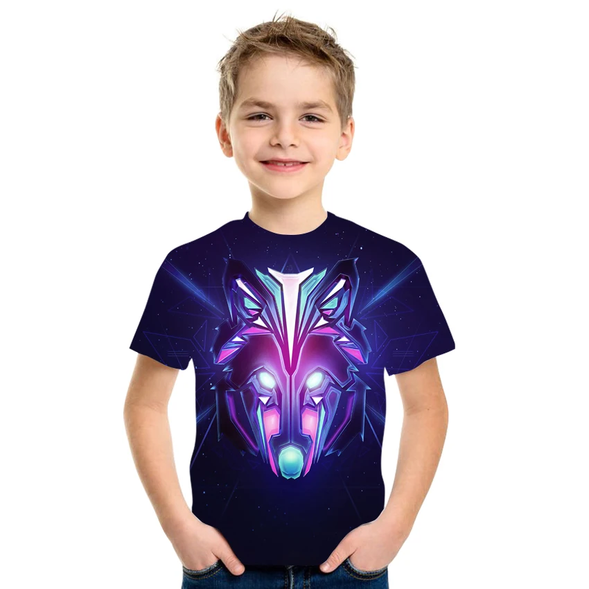 

4T-14T-Year-old New Product Young Boy or Girl T-Shirt 3D Wolf Print Short Sleeve Round Neck T-shirt Big Kids Hot Sale