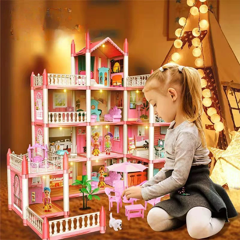 Princess Big Villa DIY Dollhouses 3D Lighting Pink Castle Play House With Slide Yard Kit Assembled Doll House Toys Gift For Girl
