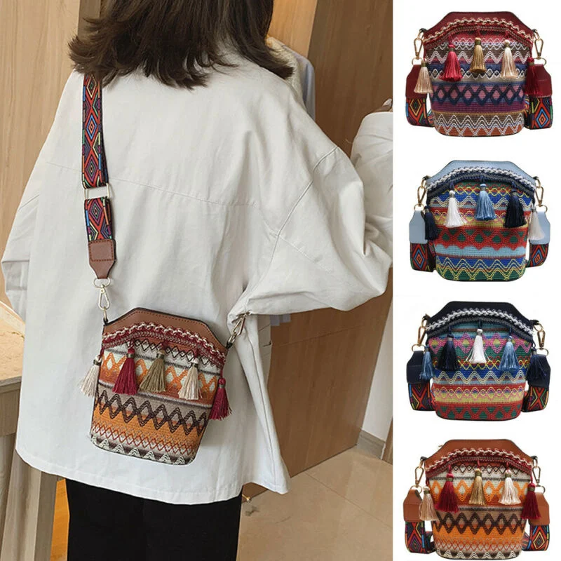 

Винтажная женская сумка с кисточками, этническая плетеная Сумка через плечо, сумки-слинги в стиле хиппи на плечо для женщин, маленькая сумочка, 4 цвета