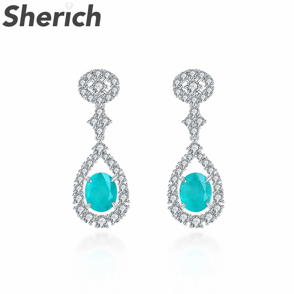 

Sherich 5.5ct Paraiba Hollow Waterdrop Egg Shape High Carbon Diamond S925 Sterling Silver Stud Earrings Women's Brand Jewelry