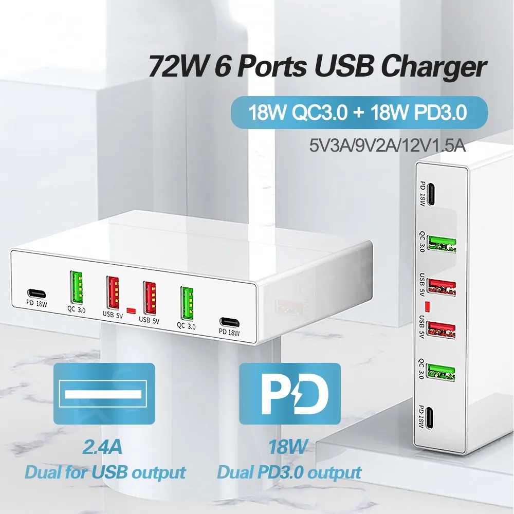 

72W 6 Ports USB Charger Station QC3.0 PD3.0 Fast Charging USB C Charger For iPhone 12 11 Pro Max Xiaomi Samsung Mobile Phone