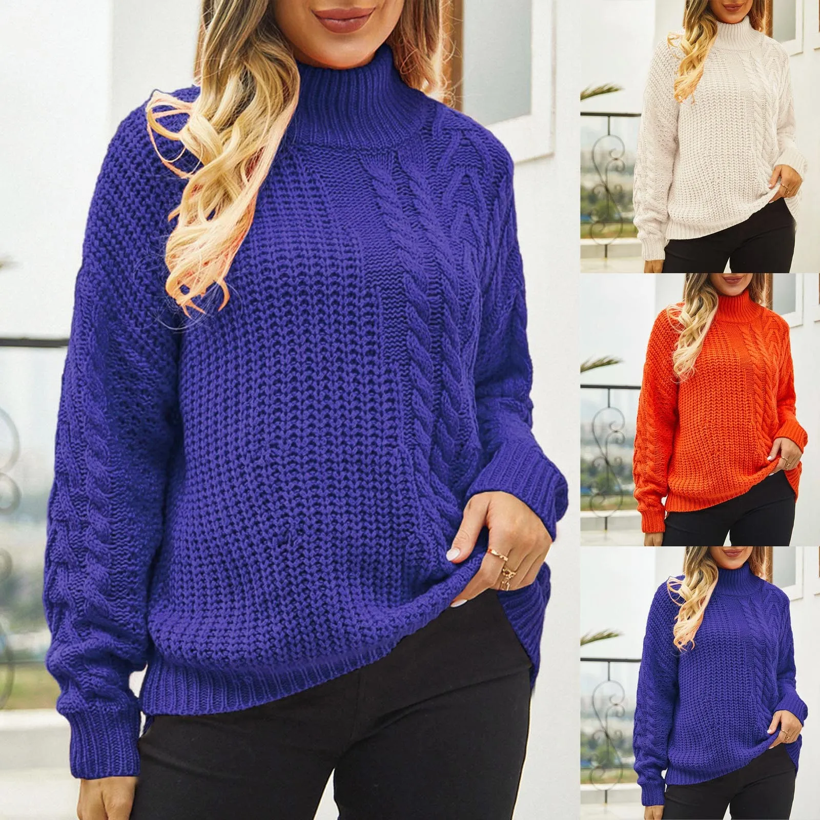 

Women Knitted Crochet Casual Sweater Turtleneck Long Sleeves Loose Sweater Ladies Solid Color Winter Warm Casual Sweater Tops
