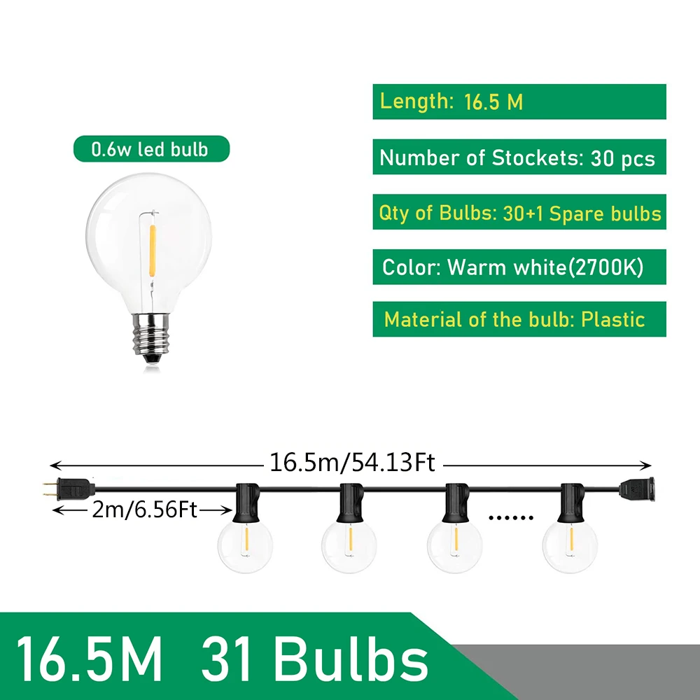 

LED Гирлянды KIKIELF G40 220В, Теплый Белый, Водонепроницаемые