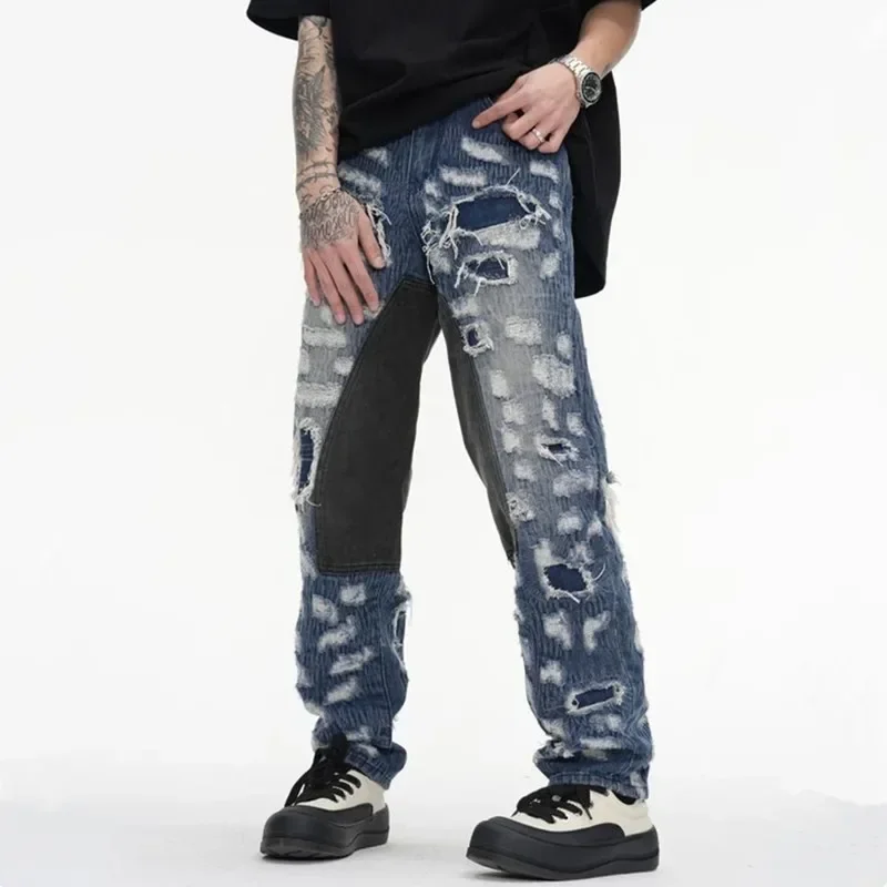 2024 AOSHIYA Grunge одежда Y2K уличная рваные Многослойные джинсовые брюки мужские новые