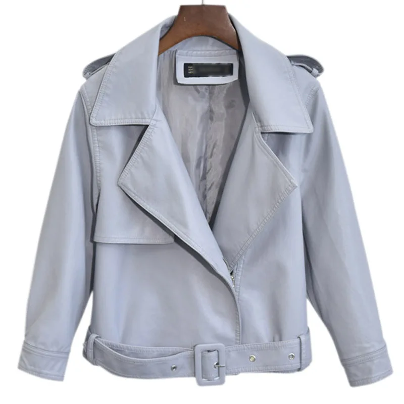 Women's Loose Leather Clothing 2022 Spring  Autumn Korean Bf Lattice  Lantern Sleeve Short Coat  Oversize Leather Jacket Women