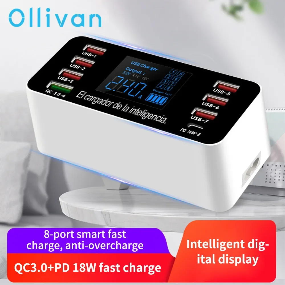 

40W 8 Port USB Charger QC3.0 Quick Charge With Led Display USB C Type C Fast Charger Adapter For Smart Phones Tablet PC Chargers