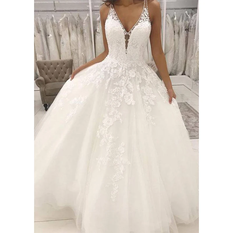 

New Lace Pure White Women's Wedding Dress Bride, Deep V-neck And Floor Skirt Sleeveless Optional Back With Applique Tulle Fabric