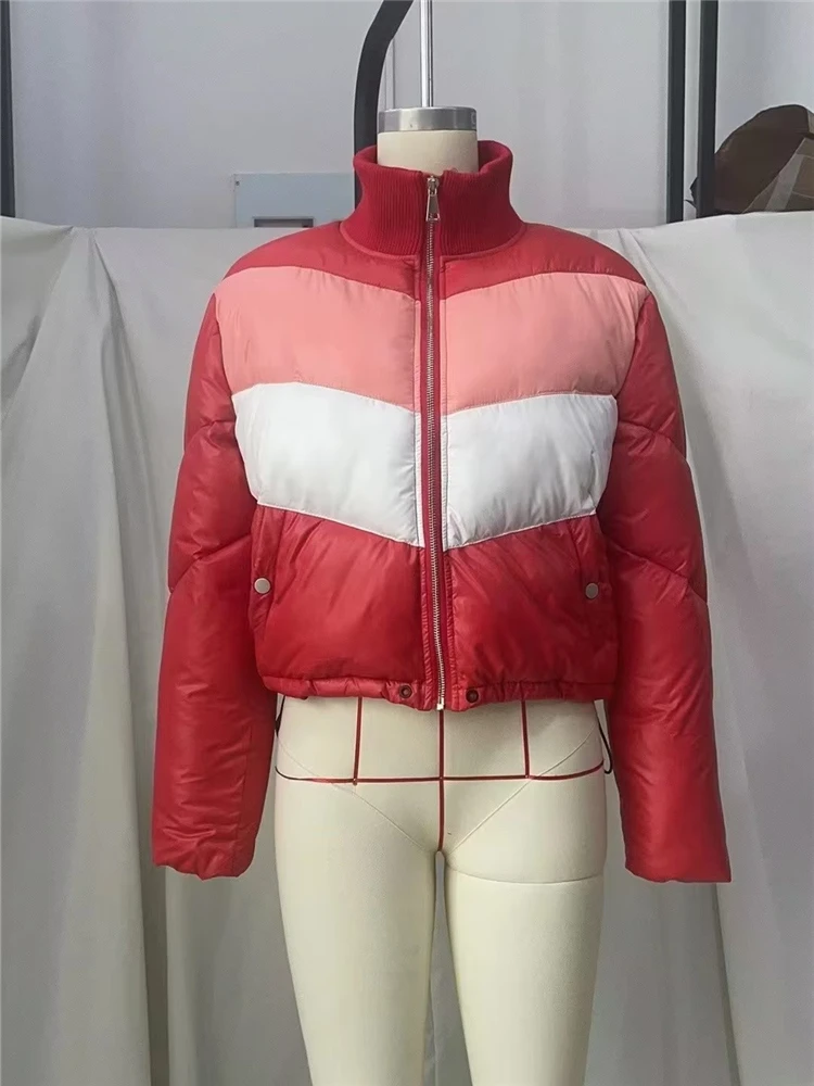 KEYANKETIAN women's striped patchwork PU leather cotton jacket autumn/winter stand-up collar zipper short cotton jacket