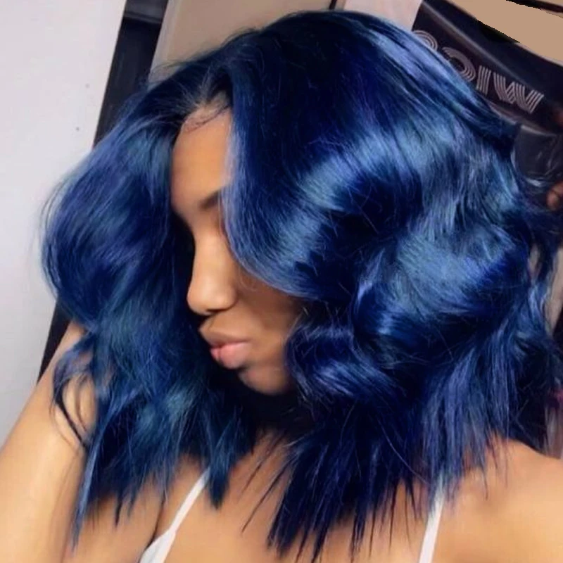Short Bob Lace Front Wigs 4x4x1 Lace Wigs Deep Middle Part Pre Plucked Wavy Dark Blue Colored Human Hair Brazilian Remy 150%