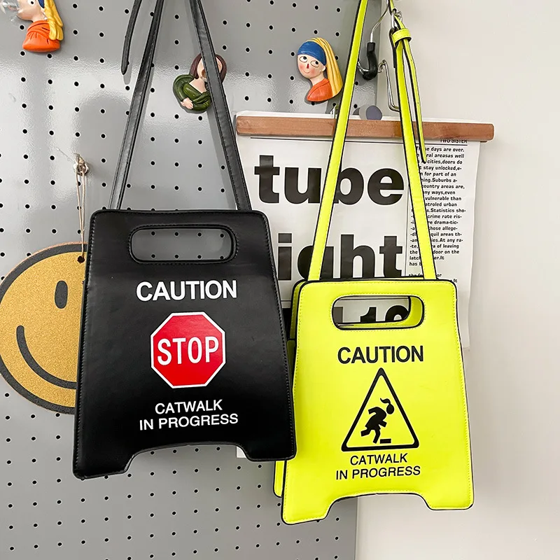 

Fun Fashion Warning Sign Shape Women Bag Letter Printing Shoulder Bag Ladies Hand Bag Crossbody Messenger Purse Women Tote Bag
