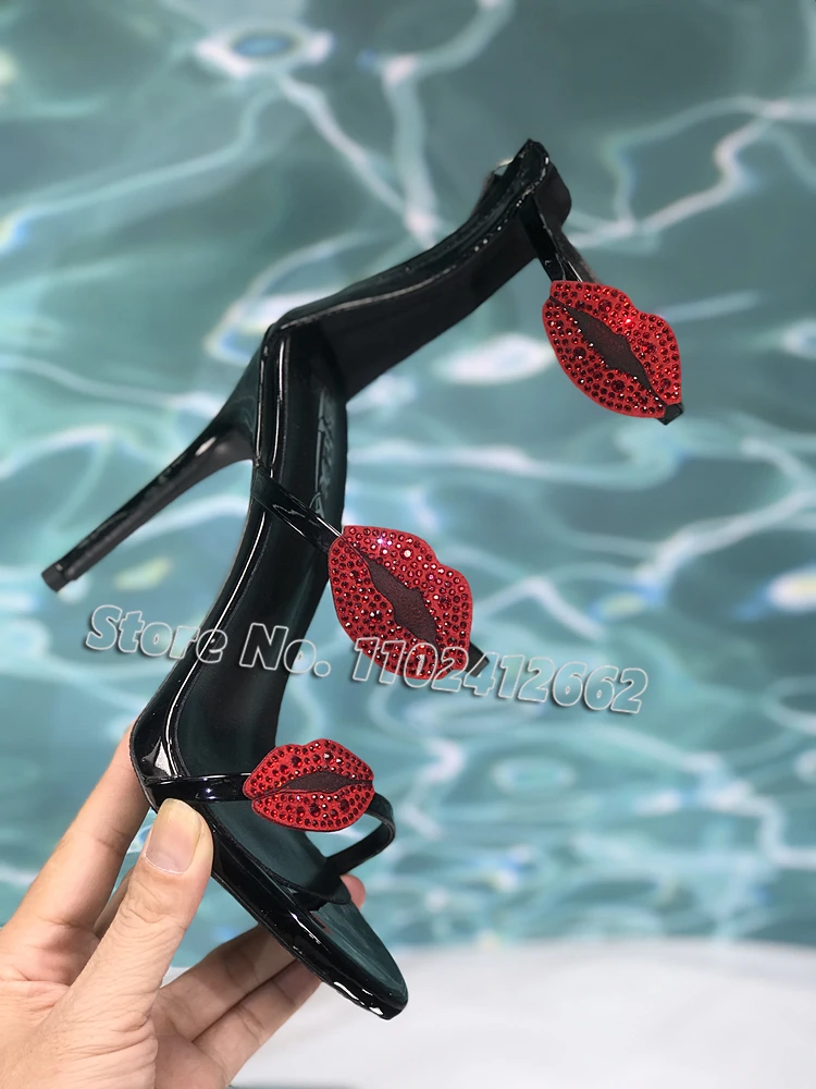 Sexy Lip Rhinestone High Heels Round Toe Patent Leather Back Zipper Sandals Stiletto Fashion Summer Party Wedding Women's Shoes