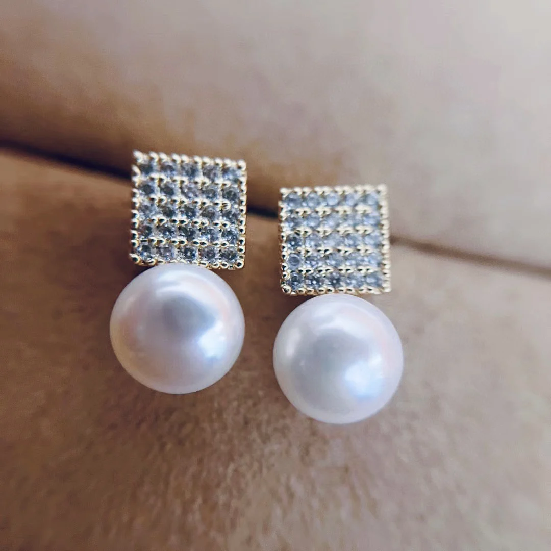 

Square Design With 7-8mm Natural Freshwater Pearl Stud Earrings Jewelry Gifts DIY Wholesale Factory