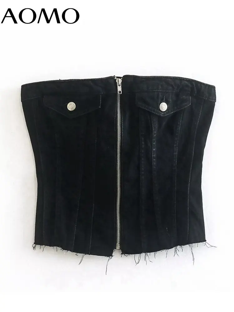 

AOMO Women Black Zipper Demim Bralette Crop Camis Sleeveless Backless Short Shirts Female Tops 4M223A
