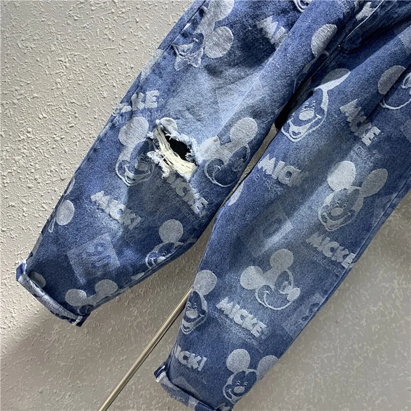 Cartoon Ripped Loose-Fit Jeans European Style Summer 2023 New Long Slimming Slim Fit Dad Harem Pants Jeans High Waisted Trousers