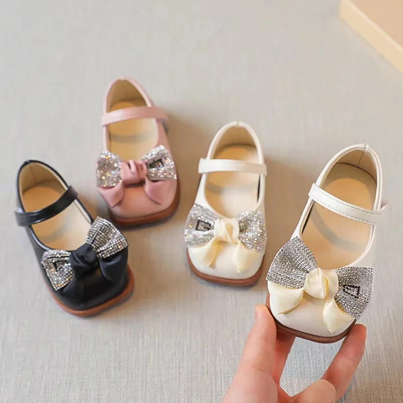 Congme Baby Girls Leather Shoes Toddler Kids Korean Flat Shoes Bow Crystal Princess Shoes Dress Shoes For Kids
