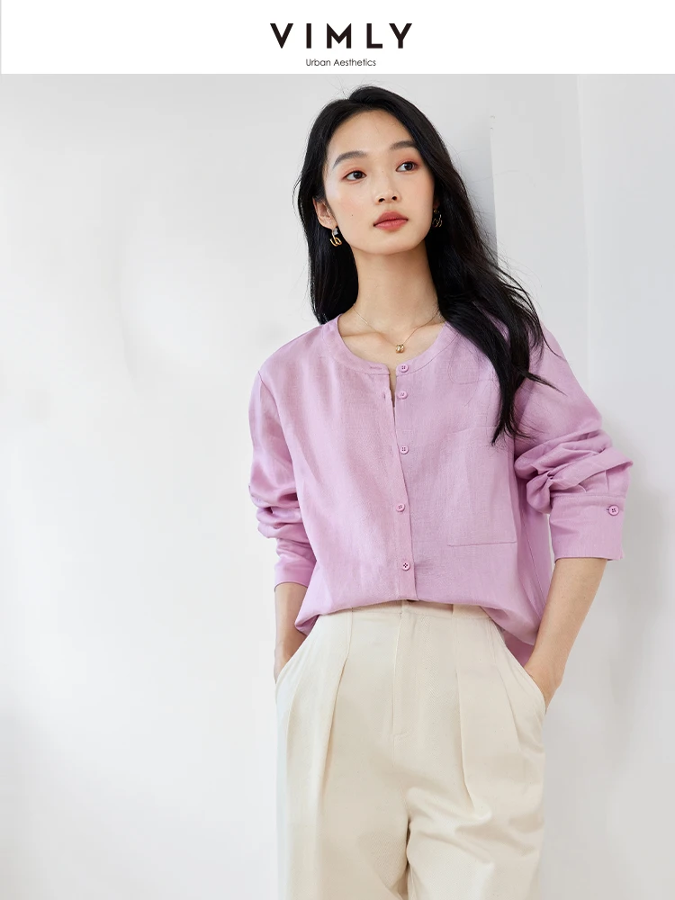 Женская Осенняя блузка VIMLY из 100% льна винтажная прямая Свободная рубашка