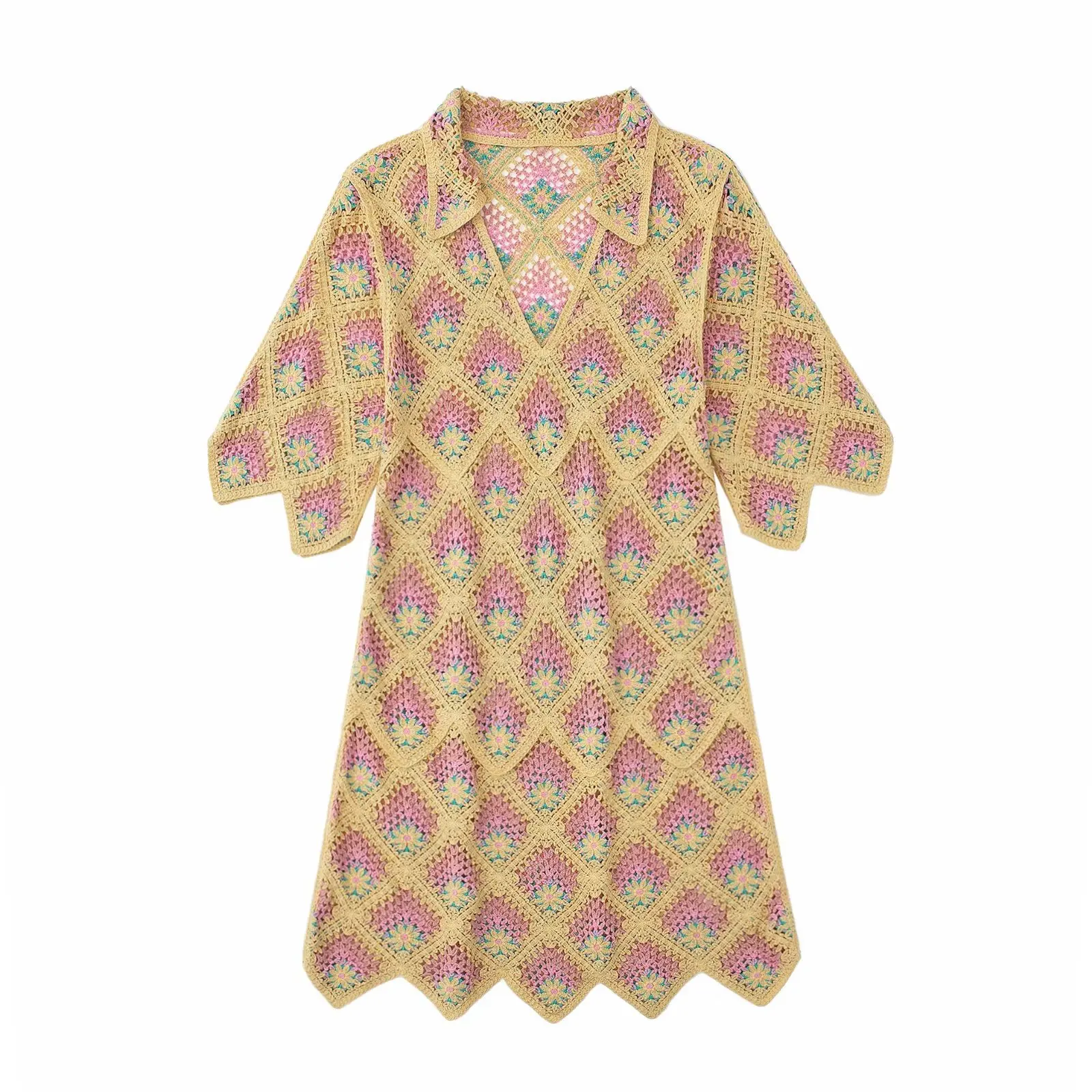 

2022 Women Fashion Short Sleeve Crochet Knitting Hollow Out Dress Chic Backless Draped Shirt Dress Vintage Female Dresses