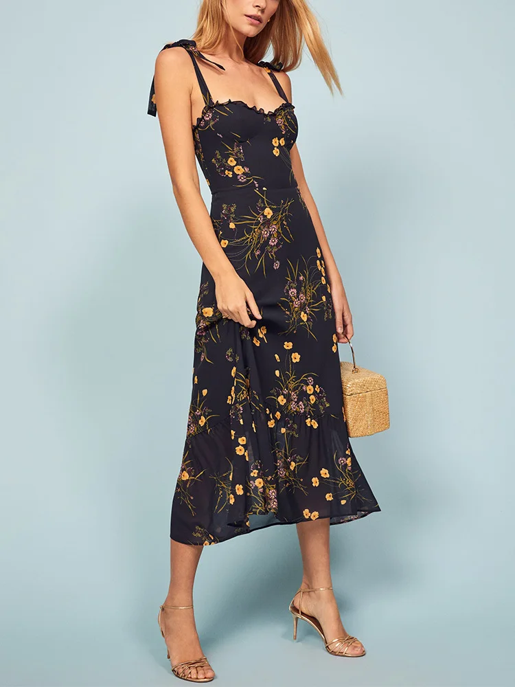 

Женское винтажное платье с оборками, элегантное пляжное платье с цветочным рисунком, вырезом сердечком, без рукавов, на бретельках, с оборка...