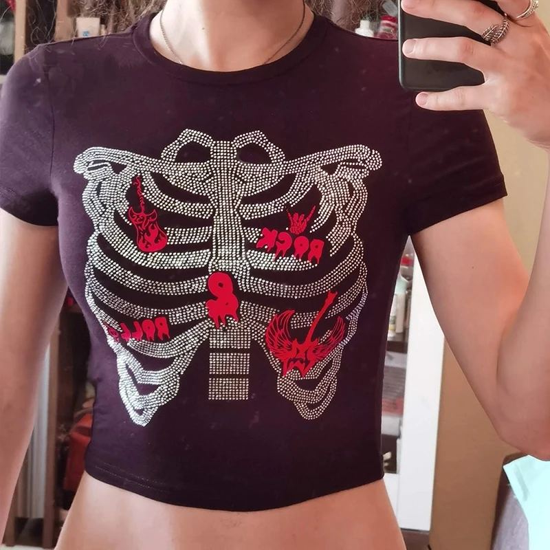 

Стразы, короткий топ с надписью и рисунком, Женская Винтажная Футболка y2k, одежда, эстетичный стиль, стиль панк, Харадзюку, клубный Размер