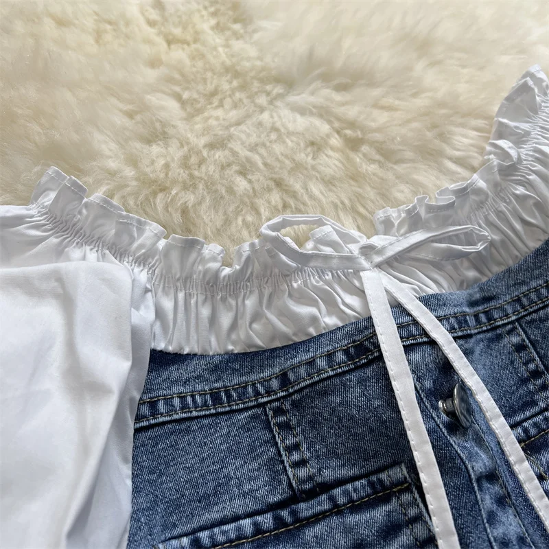 Женская джинсовая рубашка с пышными рукавами однобортное платье высокой талией