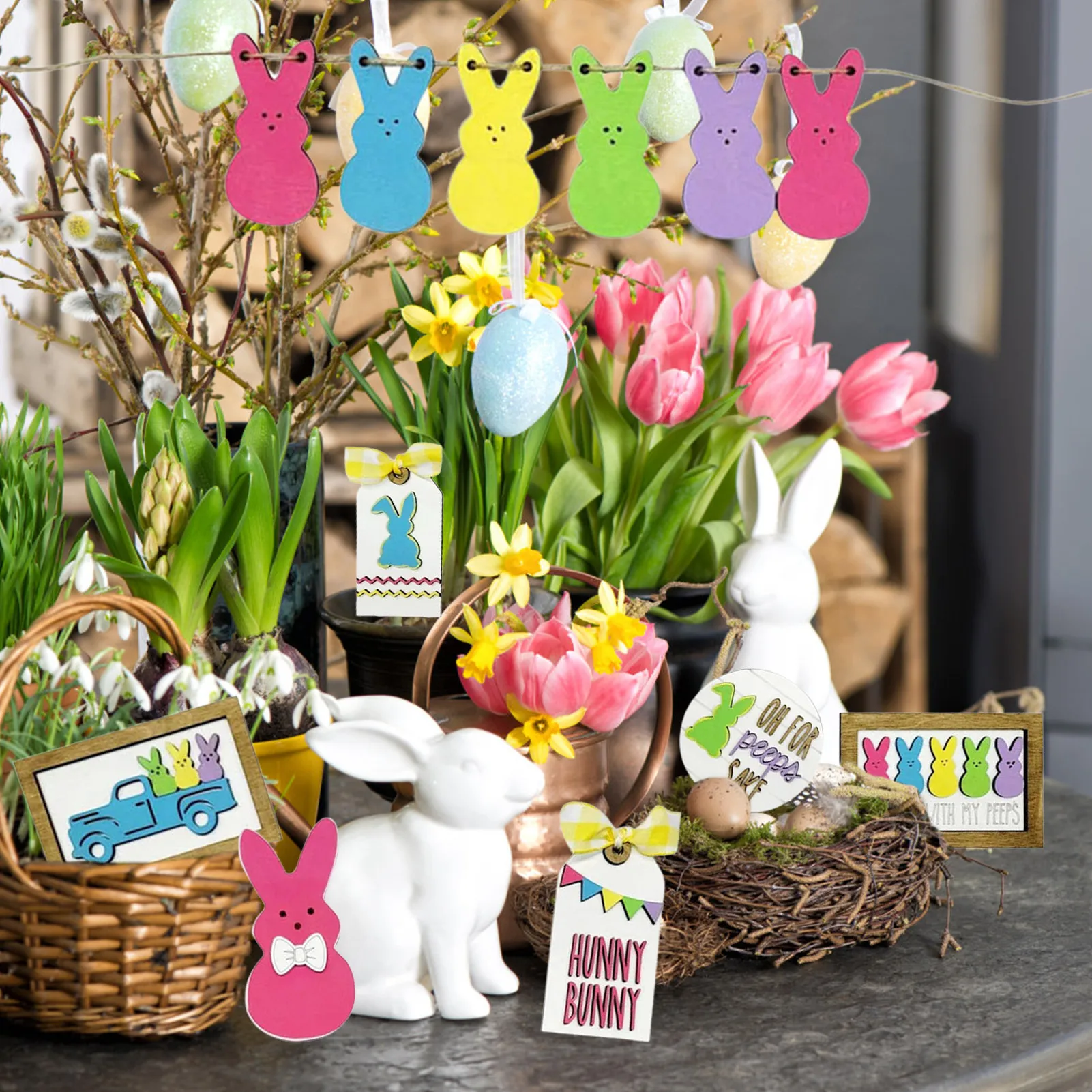 

7 Pcs Tiered Tray Decor Signs Wooden Farmhouse Tiered Tray Decor Mini Rustic Bunny Signs For Indoor Home Table Mantle Office