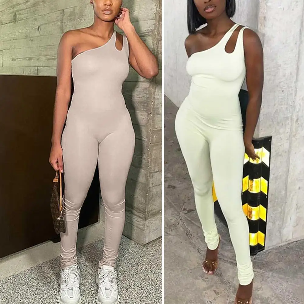

Комбинезон женский однотонный на одно плечо, облегающий ромпер с вырезами без рукавов, Клубная одежда, уличная одежда, одежда для активного отдыха, лето