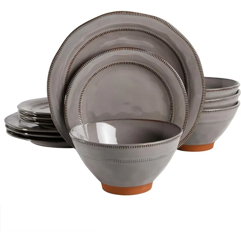 

Круглый набор посуды Gibson Elite Terranea из терракотовой терраневой глазури, сервис для четырех (12 шт.), серый