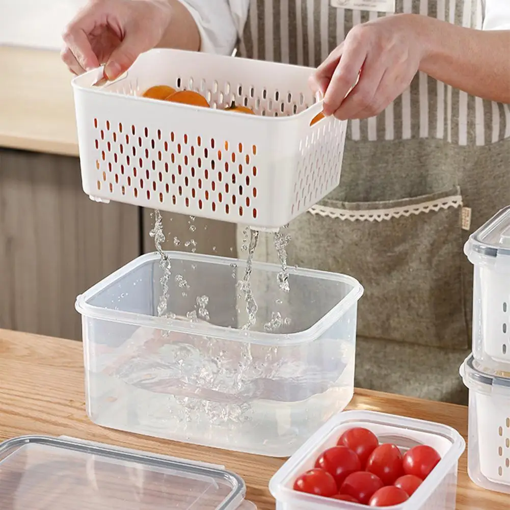 

1pcs Refrigerator Storage Box Fridge Kitchen Organizer Basket Storage Containers Vegetable Kitchen Lid Drain Fruit Bo A0o2