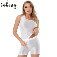 2pcs womens separate swimsuit swimwear outfit glossy smooth sheer bodycon tank top with shorts set for yoga sport swimming
