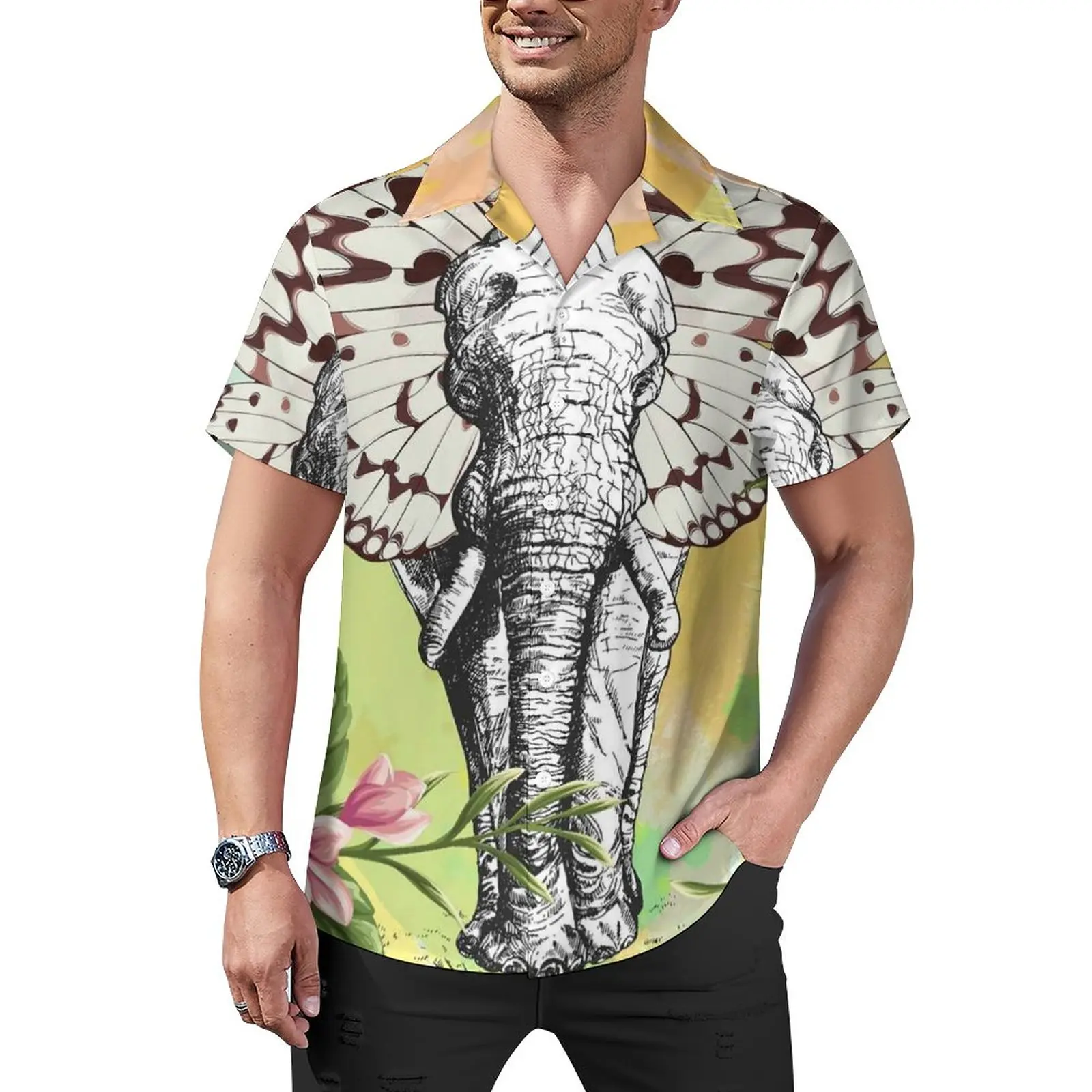 

Elephant Butterfly Loose Shirt Man Beach Floarl Print Art Casual Shirts Summer Design Short Sleeve Aesthetic Oversize Blouses