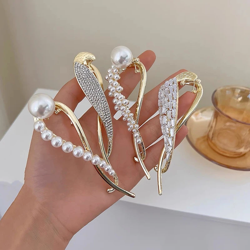 

Fashion Pearl Metal Gold Hair Clip Diamond Hairpins Ponytail Holder Hair Claw Pins And Clips Wedding Hair Jewelry Accessories