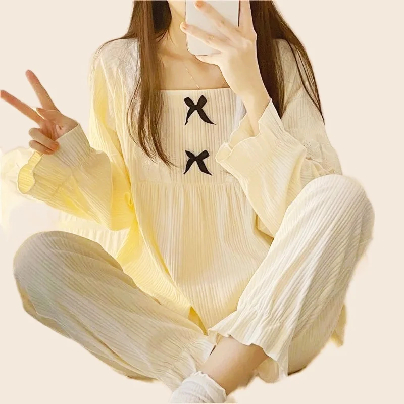 Pretty Women's Pajamas Set Full Sleeve Tops Long Pants Spring Cute Bow Pyjama Sweet Homewear Plus Cozy Sleepwear Pjs