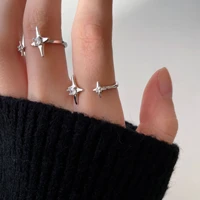 coconal exquisite silver color star adjustable ring micro inlaid crystal four pointed star ring for women friends vintage gift