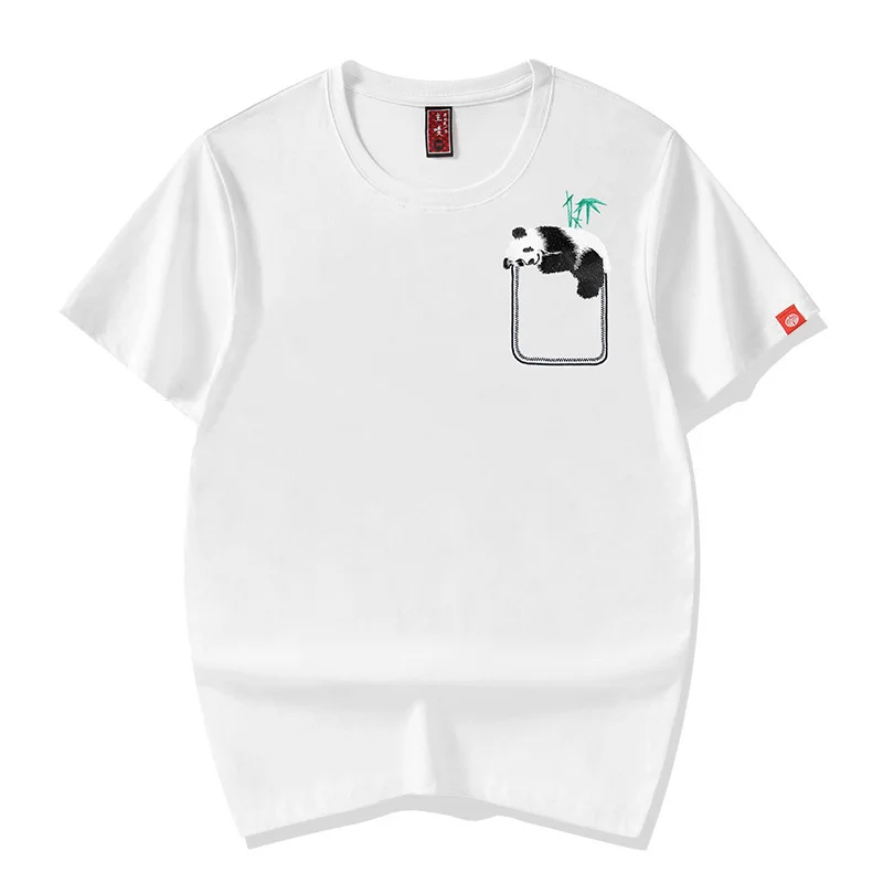 Футболка мужская с вышивкой панды модный Свободный Топ карманами тенниска