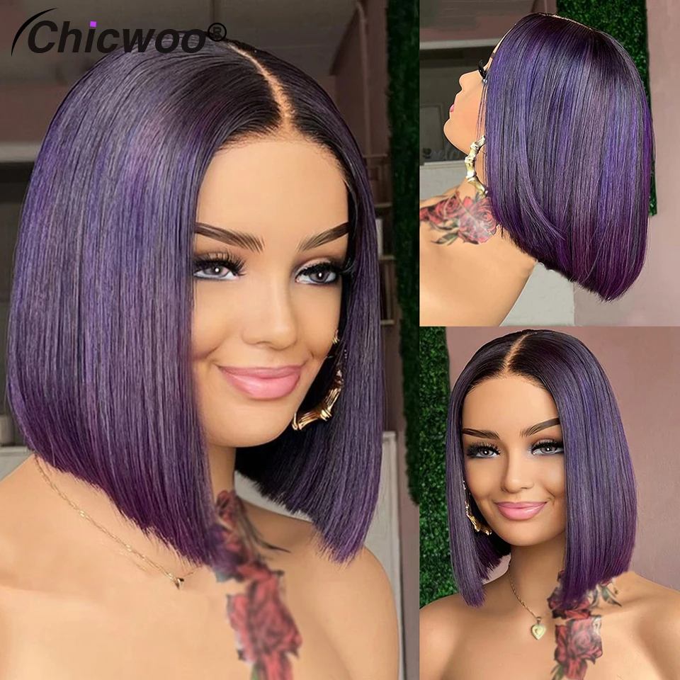 Dark Purple Lace Front Wig Human Hair 13x4 Reddish Brown Short Bob Human Hair Wigs For Women Preplucked Thick 180% Density Wig