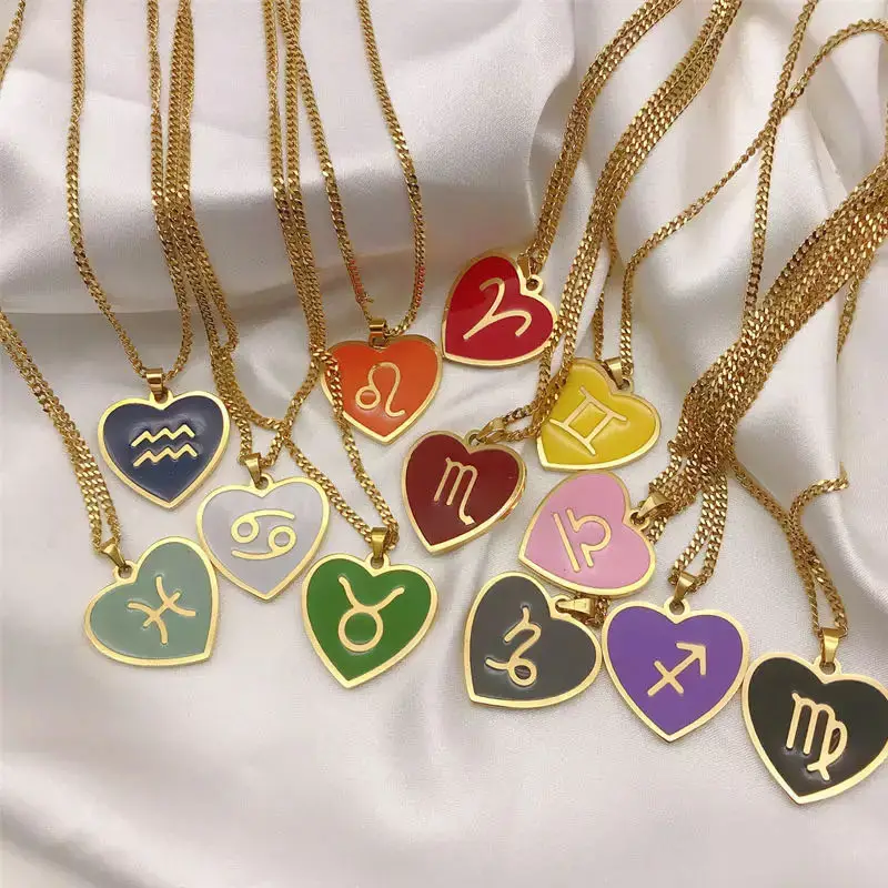 

Heart Enamel Star Zodiac Sign 12 Constellation Necklaces Trend Charm Gold Color Choker Necklaces for Women Birthday Jewelry Gift