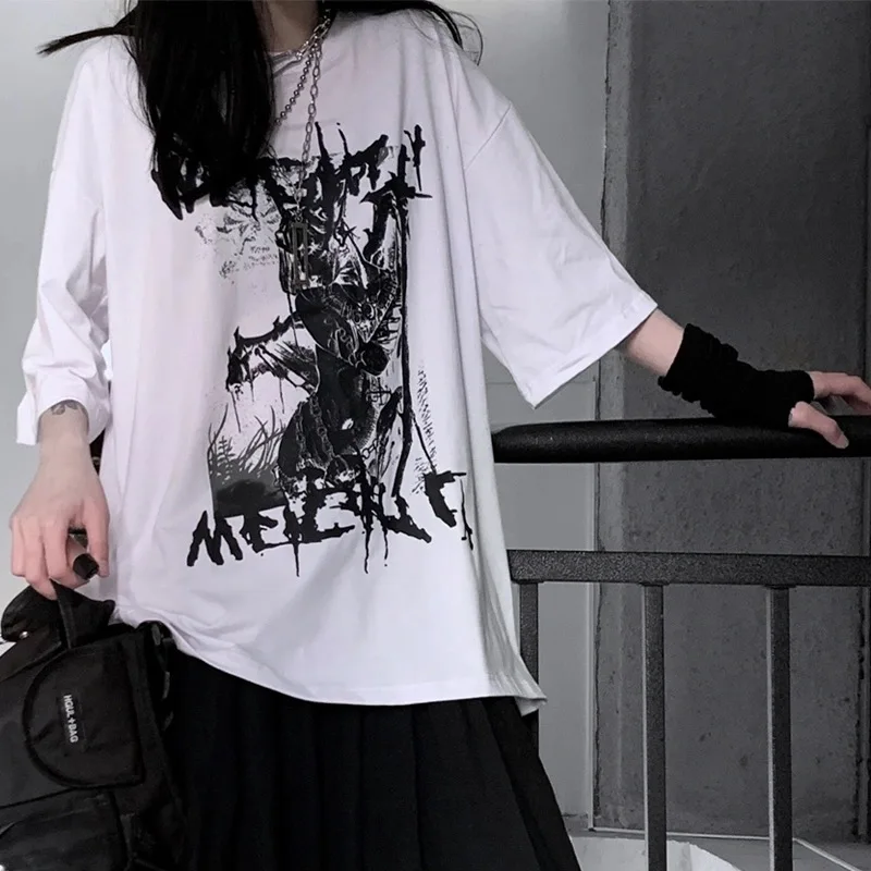 Oversized Women Tshirt Anime Goth Punk Harajuku Summer Top Dark Aesthetic Fairy Grunge Alt Plus Size Short Sleeve Clothes images - 6