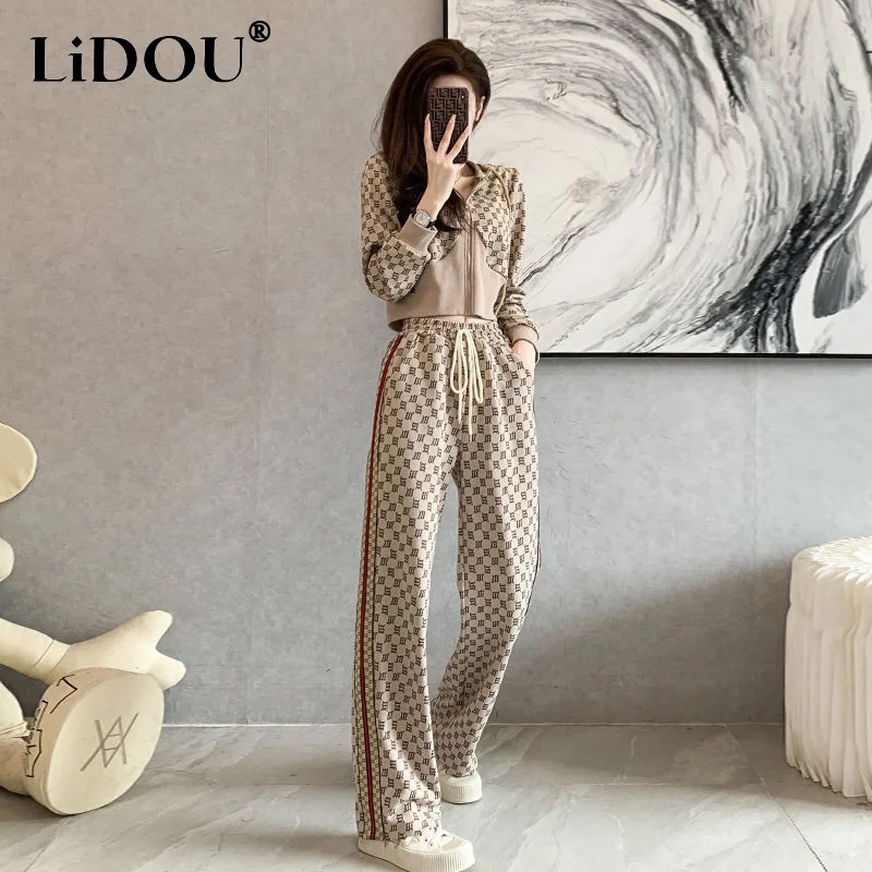 

Spring Autumn Casual Fashion Diamond Print Zipper Hoodies Wide Leg Set Female Comfortable Cardigan Sweatshirt Sporty Suit Women
