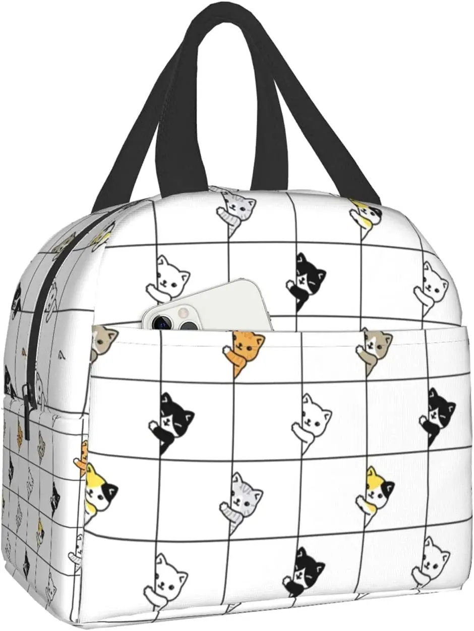 

White Kawaii Cat Lunch Box Bento Bag, Insulated Lunch Boxes Waterproof Lunch Bag, Reusable Lunch Tote Pocket For Office Picnic