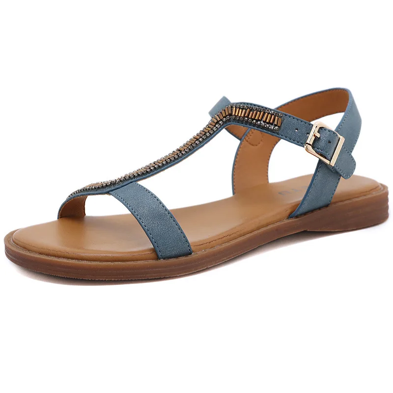 

Женские сандалии на плоской подошве, повседневные пляжные шлепанцы с бусинами, обувь большого размера, лето 2022