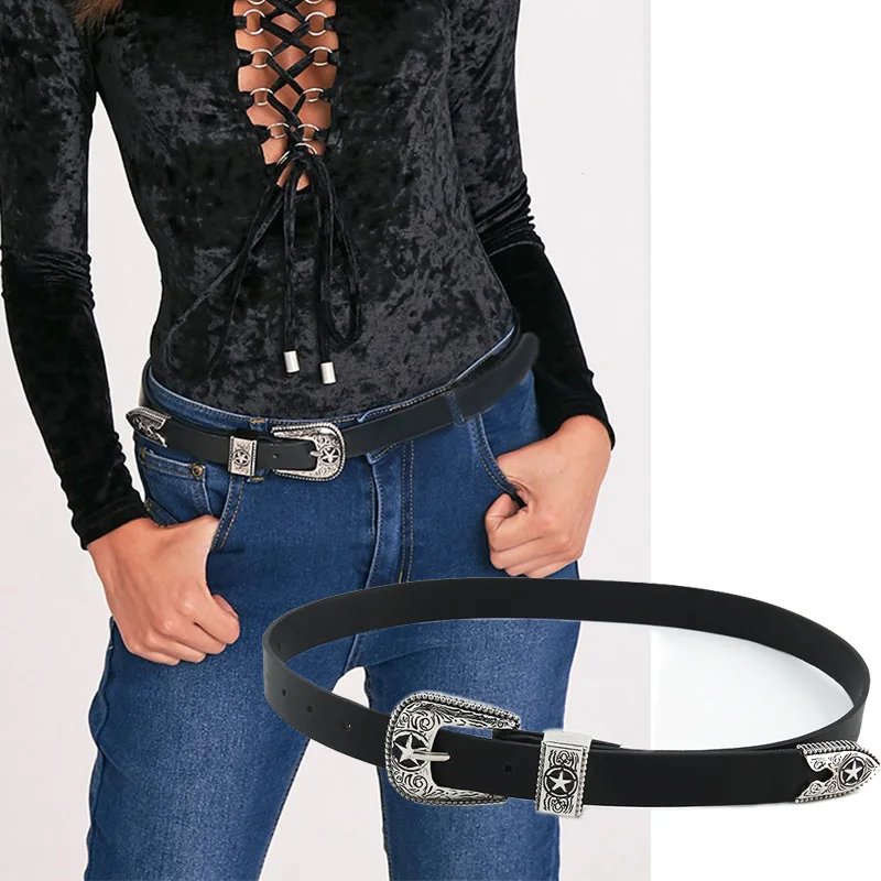 Retro Faux Leather Belt For Women Designer Alloy Star Carved Buckle Waist Strap Student Female Girl Jeans Decoration Waistband