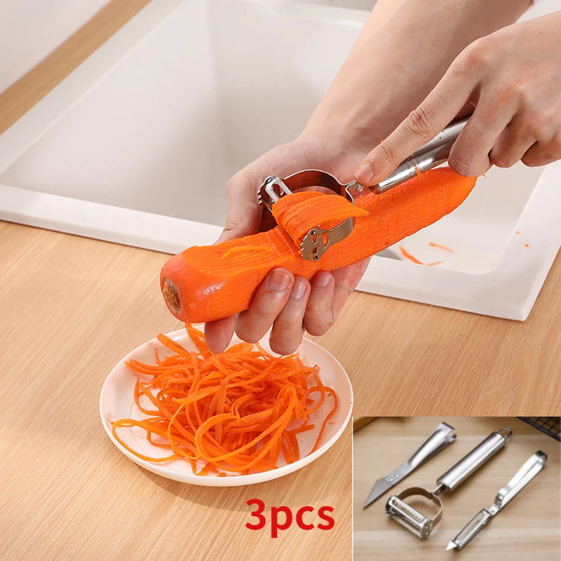 

3 Pcs Stainless Steel Peeler Fruit Vegetable Melon Potato Carrot Cucumber Multi-function Shredder Juliet Slicer Kitchen Tool