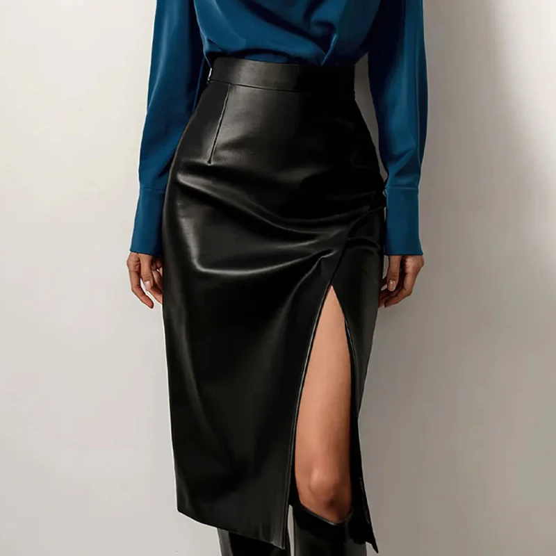 

YOUYIDE черная юбка из искусственной кожи с Боковым Разрезом для женщин офисная элегантная облегающая женская юбка из ПУ с Боковым Разрезом сексуальные юбки