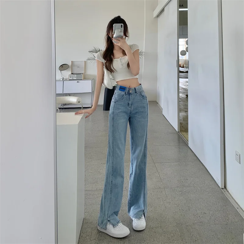 

DD1713 новый дизайн чувствительные брюки с высокой талией для шоу тонкие длинные свободные прямые широкие джинсы